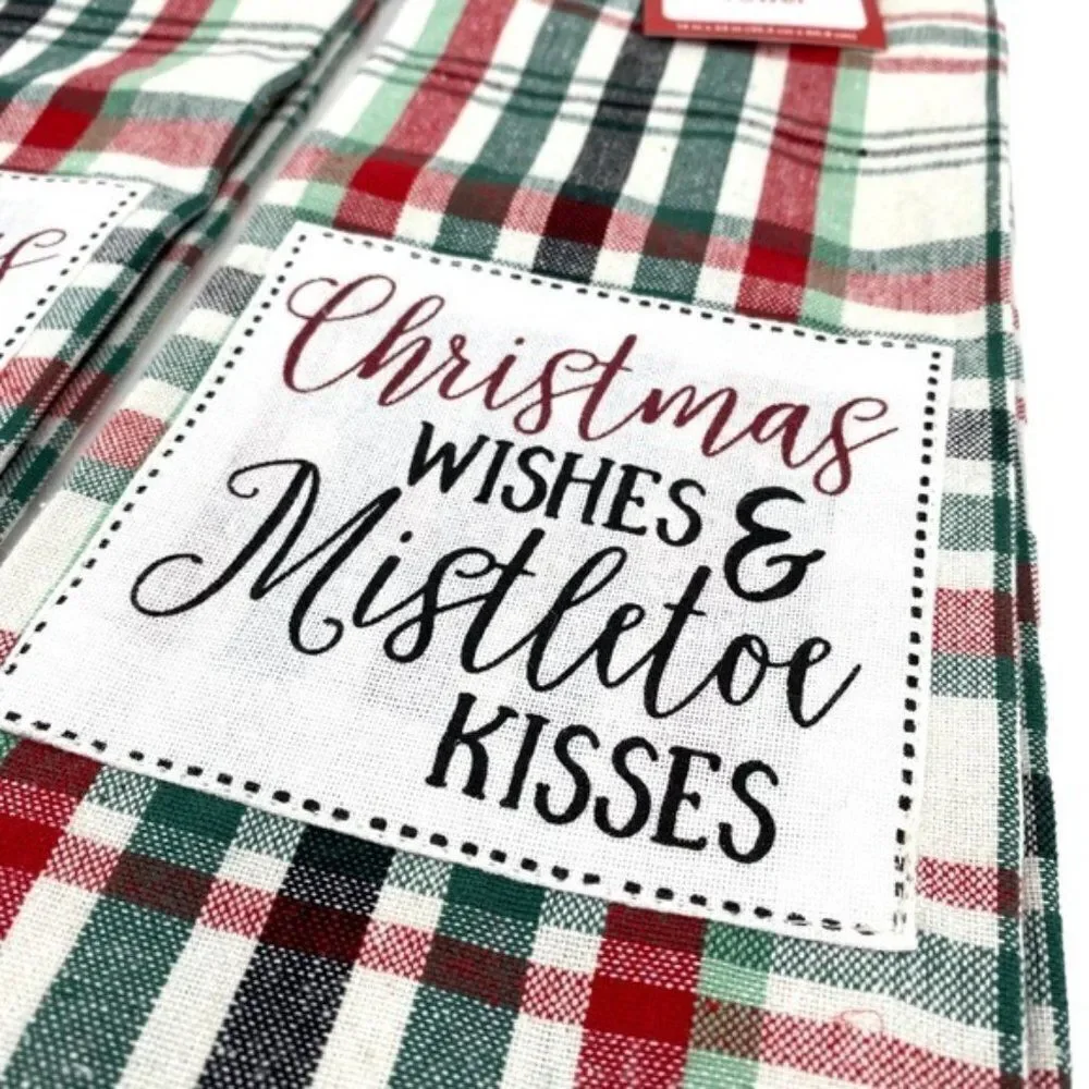 Christmas Wishes & Mistletoe Kisses Plaid Kitchen Towel Set New